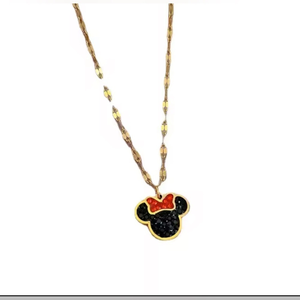 18K Gold Minnie Mouse Theme Black & Red Crystal Adorned Necklace No Fade - Picture 4 of 6